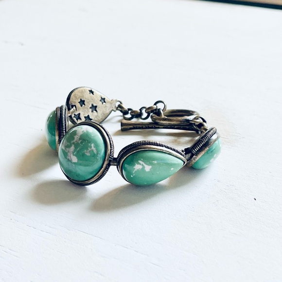 Lucky Brand Pave Faux Turquoise Cabochon Bracelet Antique Silver Tone Western - Picture 3 of 10